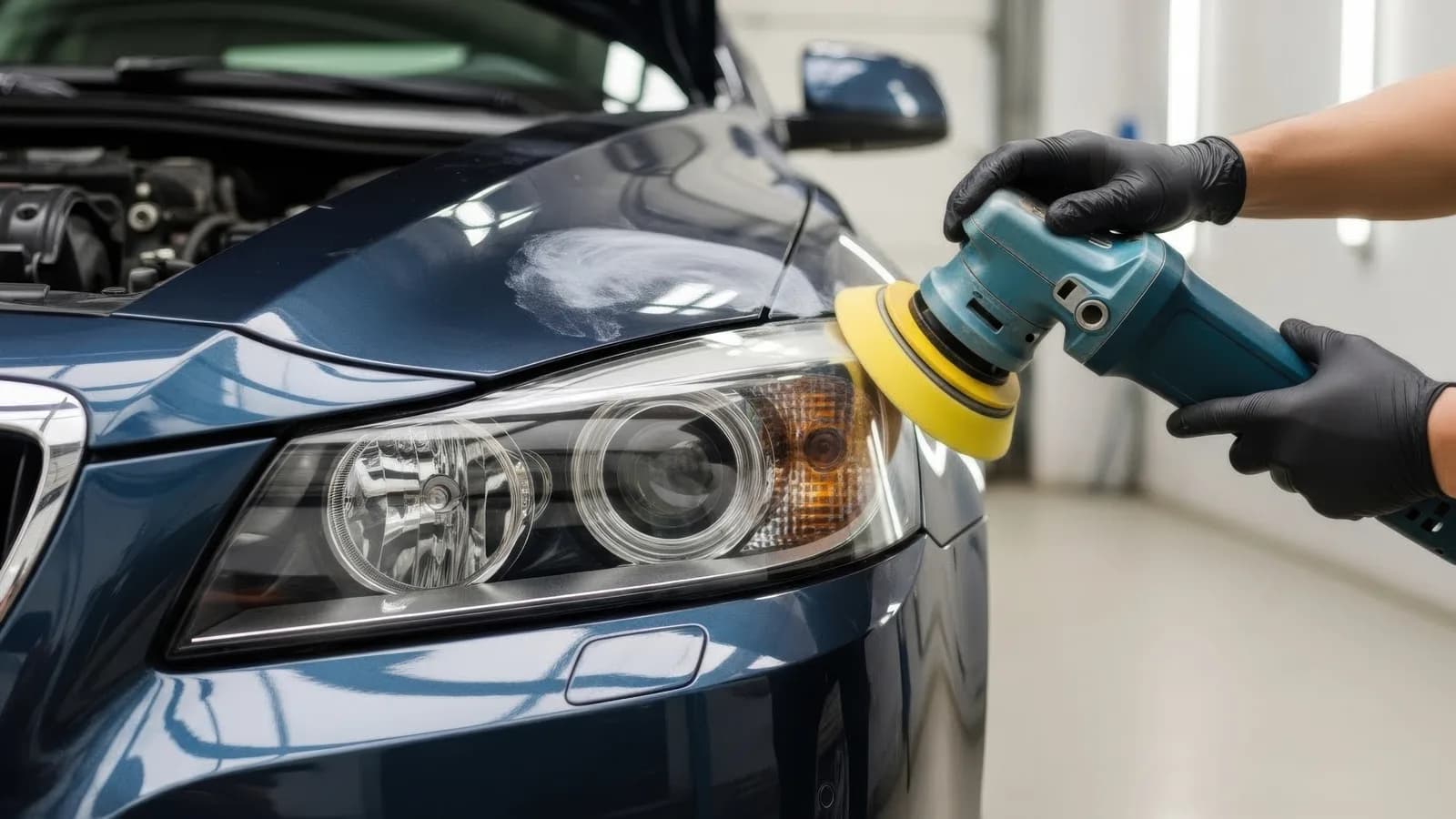 Technician polishing a luxury vehicle with an orbital buffer to achieve a mirror-quality finish