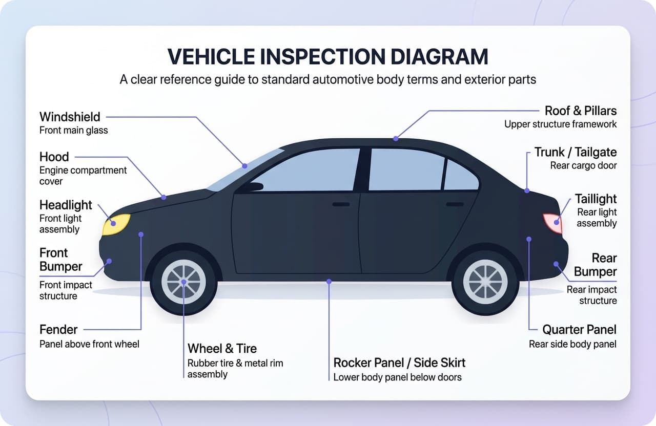 Vehicle exterior panel diagram showing labeled body parts for inspection