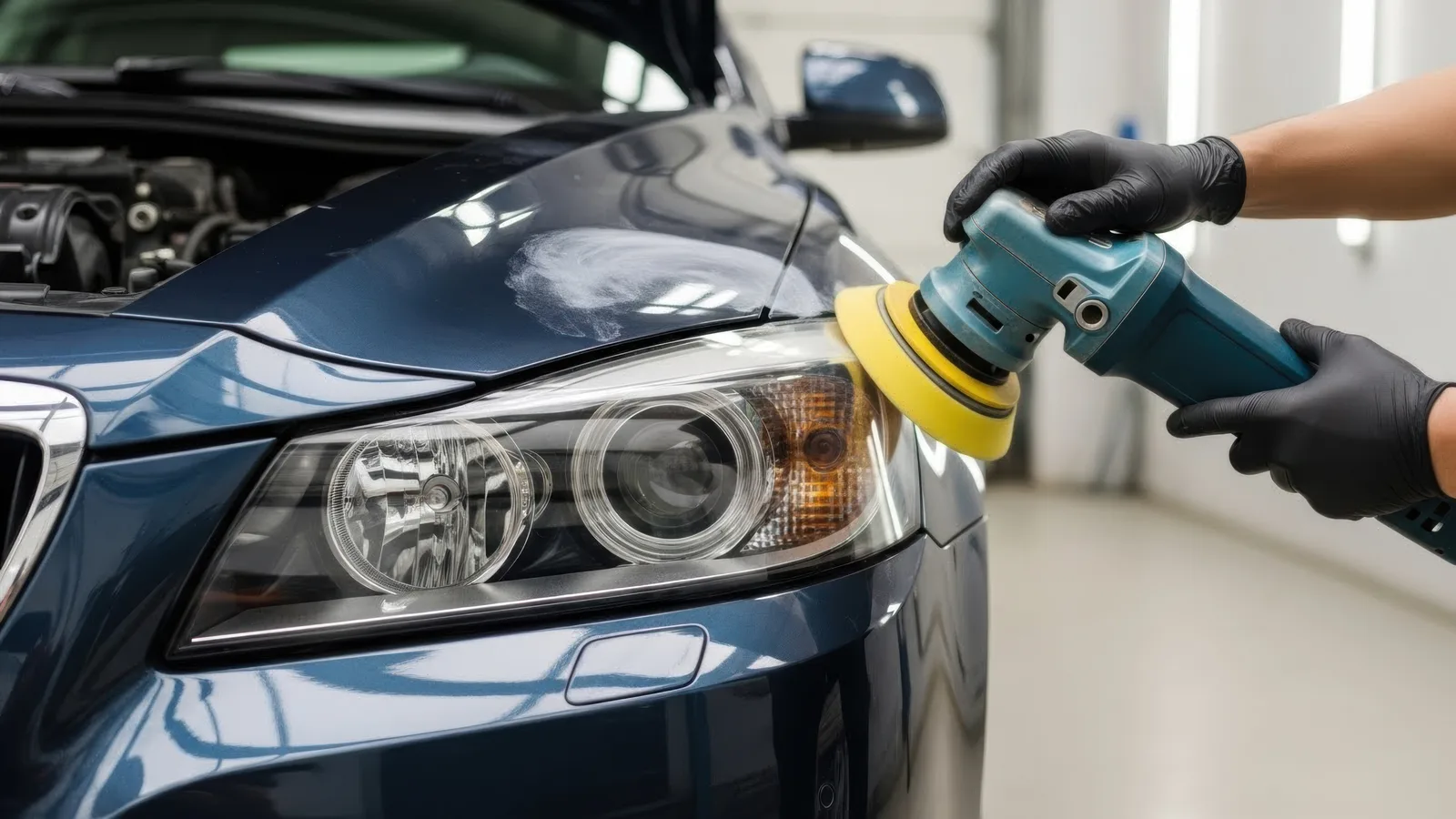 Technician polishing a luxury vehicle with an orbital buffer to achieve a mirror-quality finish